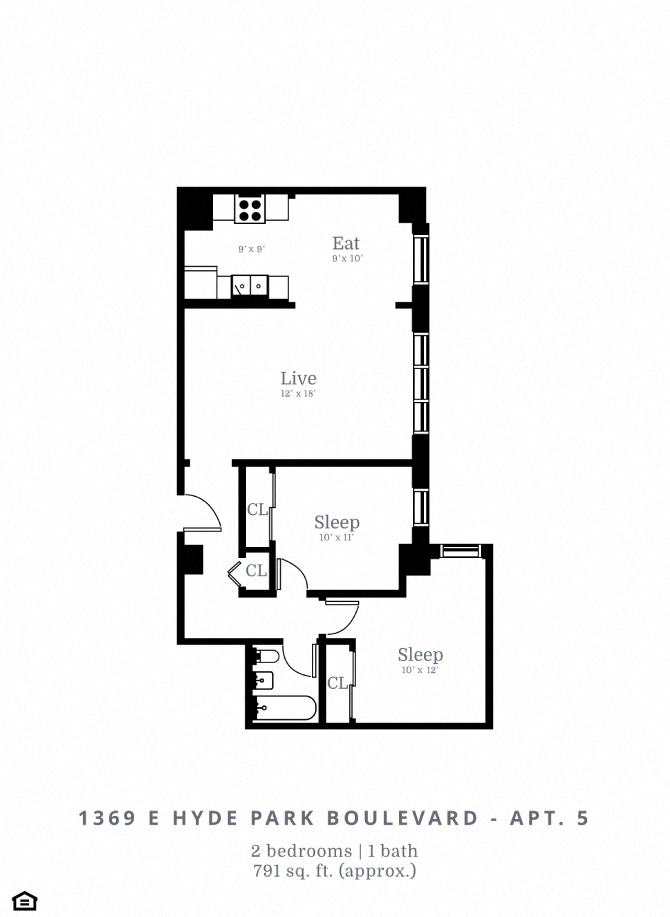 Floor plan for 2 beds, 1 bath, 807 sqft